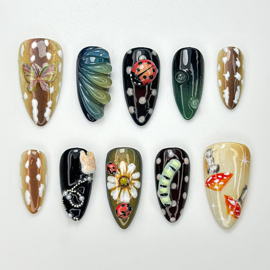 Whimsical Garden Press On Nails with Nature Art