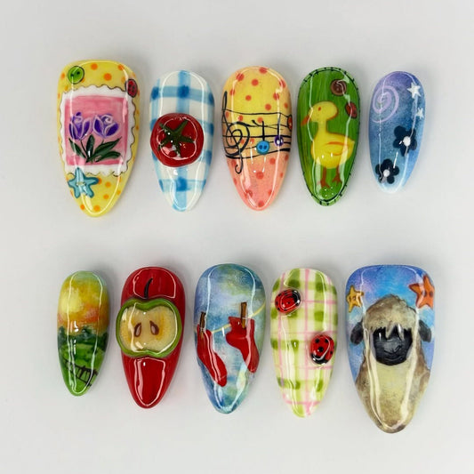 Whimsical Hand Painted Press On Nails Colorful Storybook Art Set