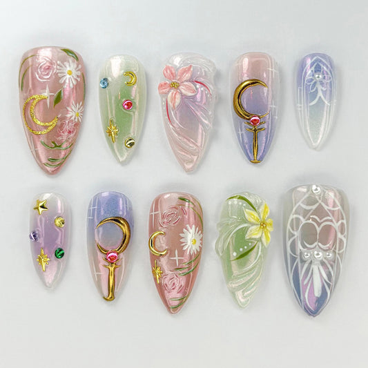 Whimsical Moon Floral Press On Nails Set