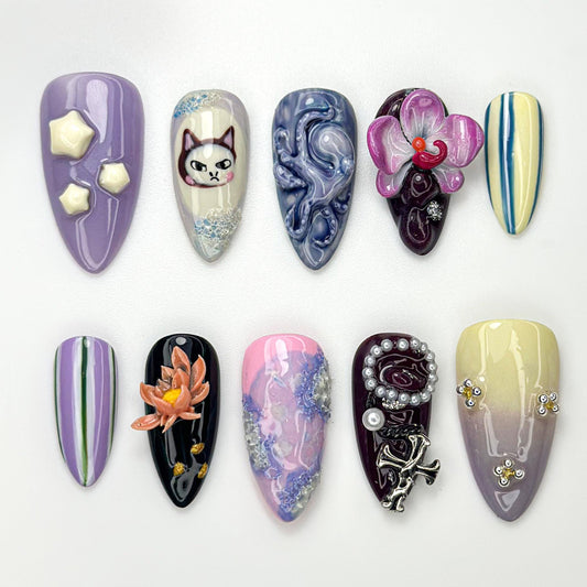 Whimsical Violet Press On Nails with Cat Art