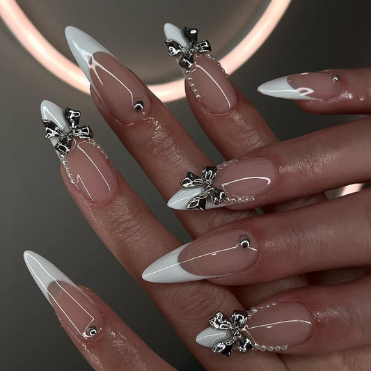 White Chrome Bow French Press On Nails