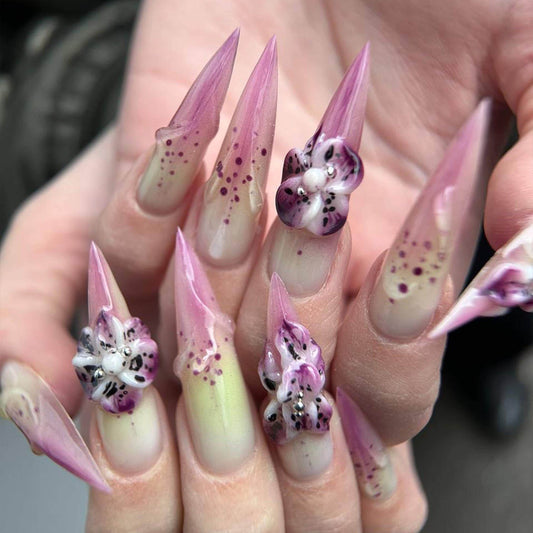Wild Orchid Stiletto Press On Nails 3D Floral Gradient Pink Design