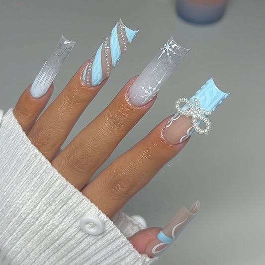 Winter Press On Nail Set Blue Plaid Snowflake Cozy Style