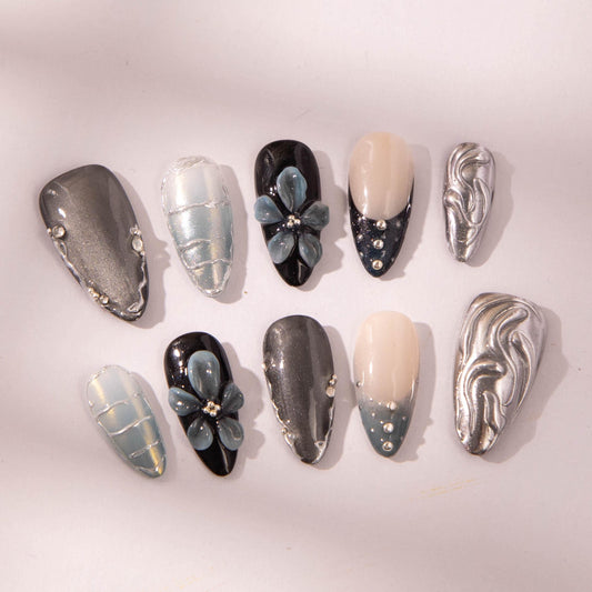 Y2K Black Silver Chrome Nails