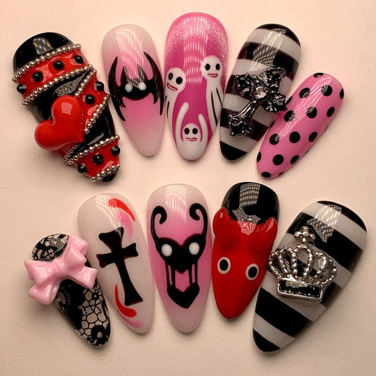 Y2K Gothic Pink Punk Press On Nails with 3D Charms & Stripes