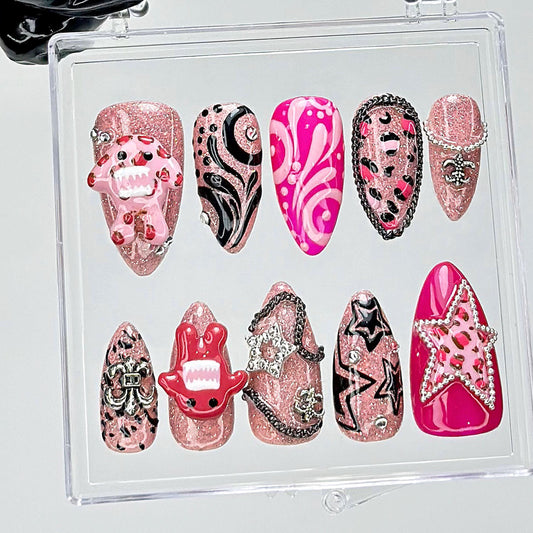 Y2K Pink Chrome Star Punk Press On Nails