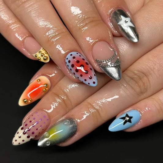 Y2K Pop Chrome Press On Nails with Metallic & Dot Art Design