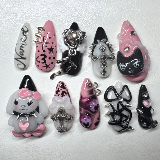 Yami Kawaii Press On Nails with 3D Bunny Cross Charms