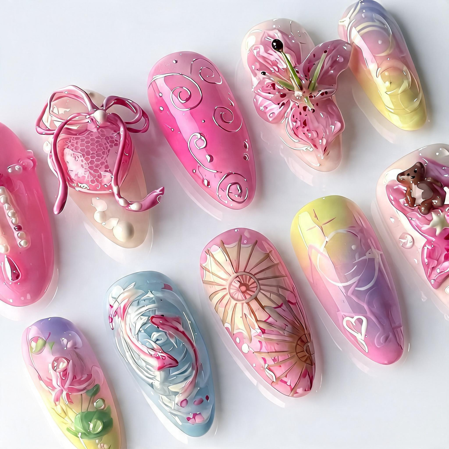 Pink Floral Press On Nails 3D Lily Teddy Bear Art Set