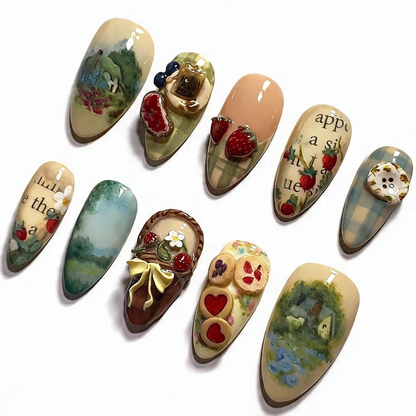 Countryside Cottage Press On Nails Strawberry Watercolor Handmade Art
