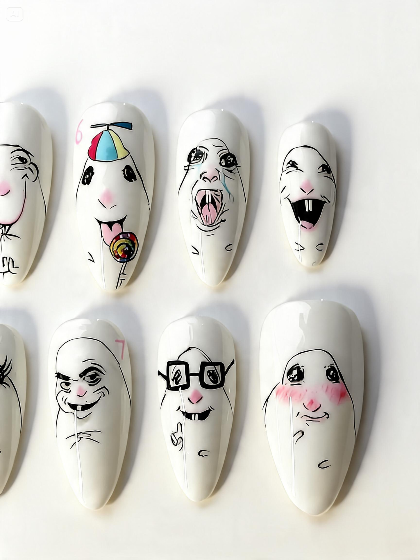 Hand Painted Meme Face Press On Nails Funny Cartoon Expression Art Set