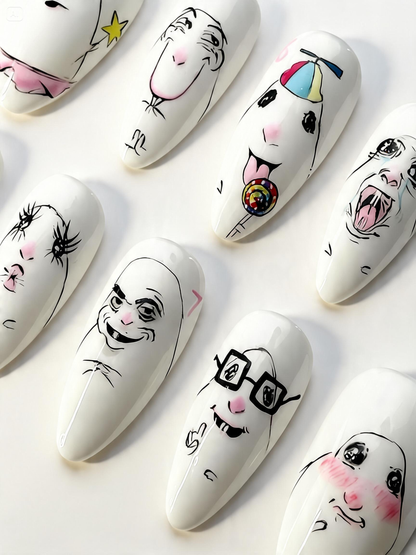 Hand Painted Meme Face Press On Nails Funny Cartoon Expression Art Set