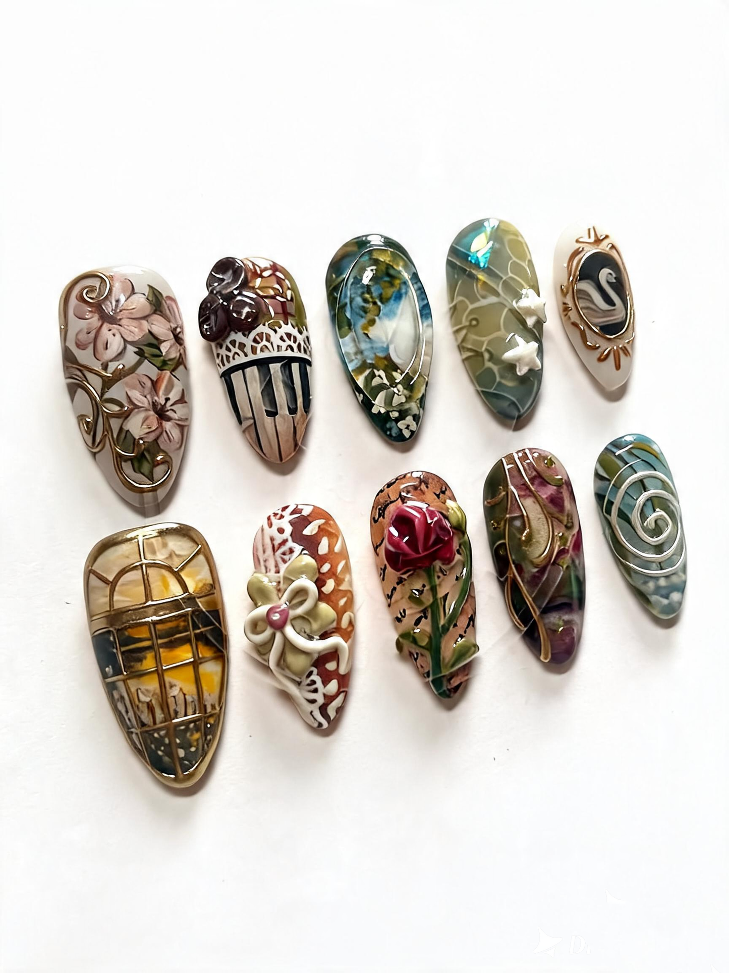 Vintage Floral Press On Nails Swan Rose Cottagecore Art Set Design