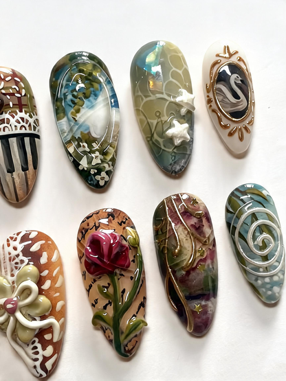 Vintage Floral Press On Nails Swan Rose Cottagecore Art Set Design