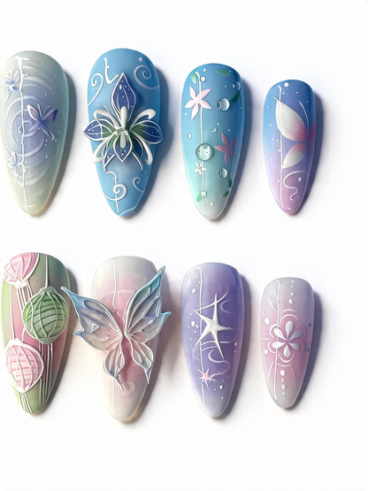 Pastel Floral Press On Nails 3D Butterfly Spring Garden Art Set