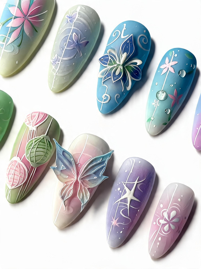 Pastel Floral Press On Nails 3D Butterfly Spring Garden Art Set