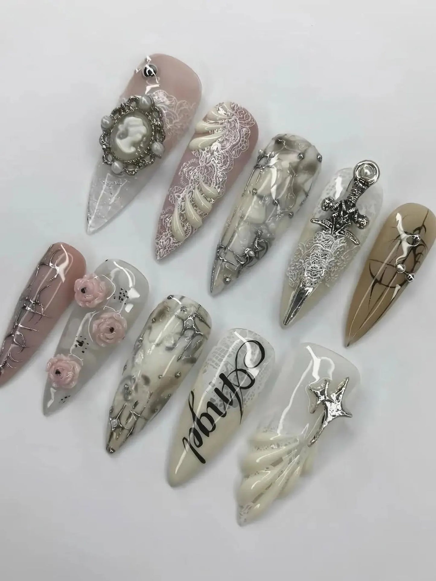 Gothic Angel Press On Nail Set Vintage Lace Silver Accents