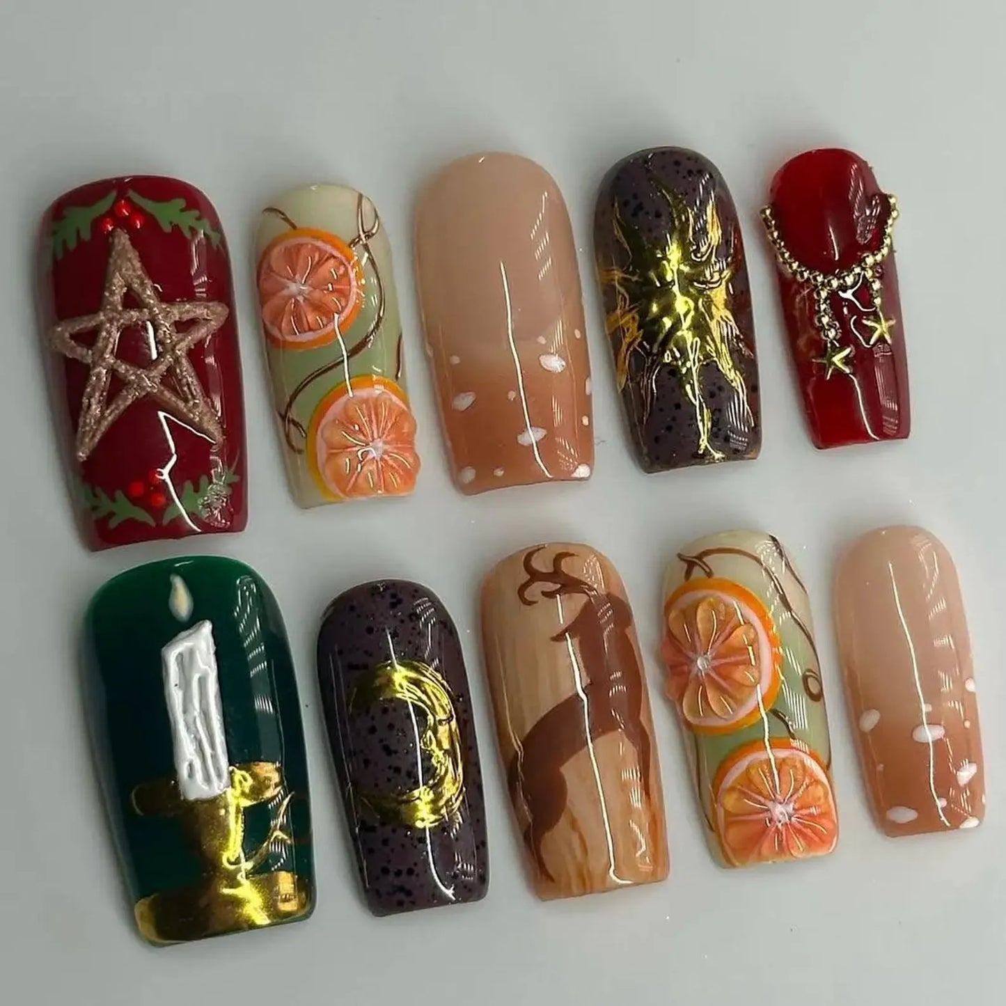 Forest Holiday Press On Nail Set Citrus Reindeer Candle Design