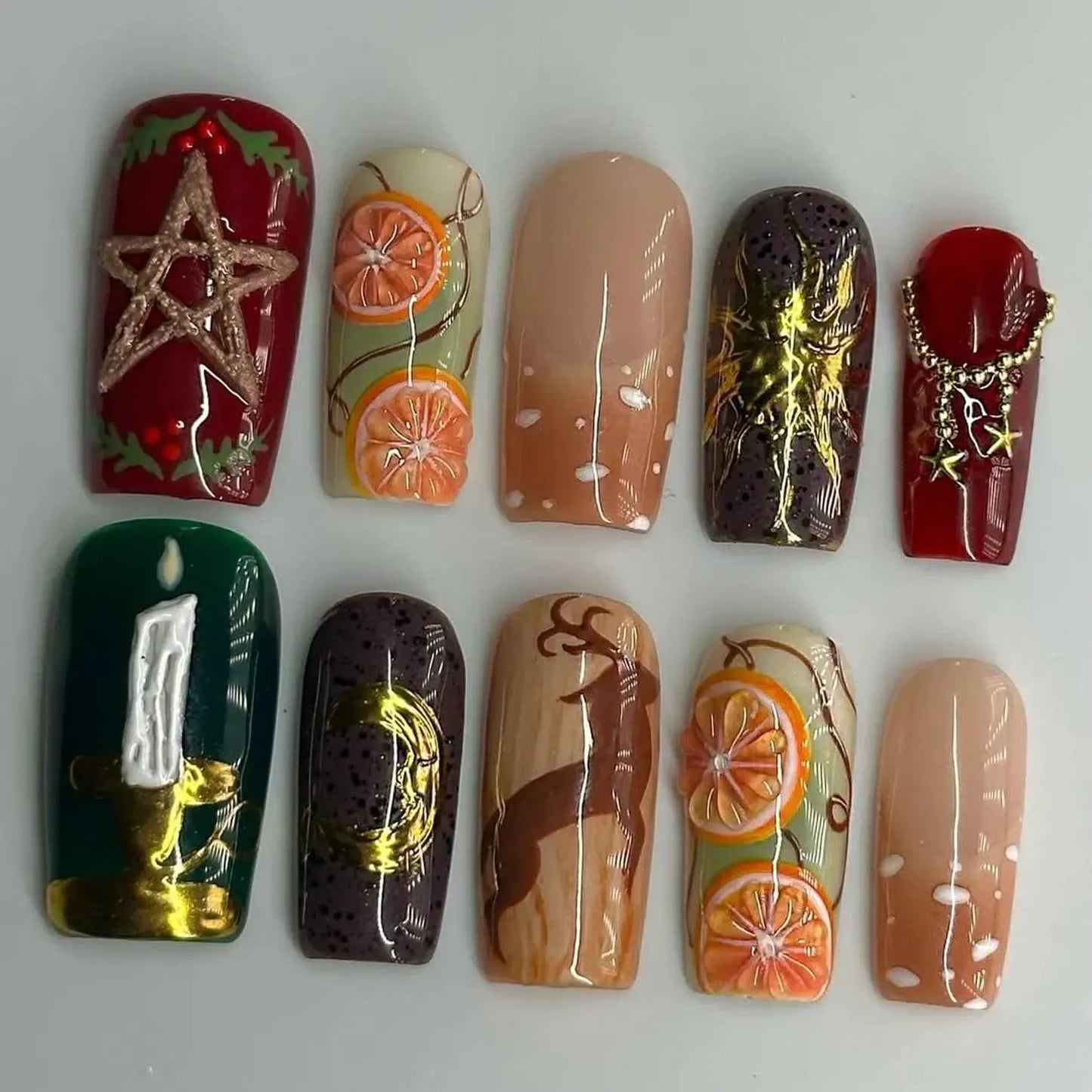 Forest Holiday Press On Nail Set Citrus Reindeer Candle Design