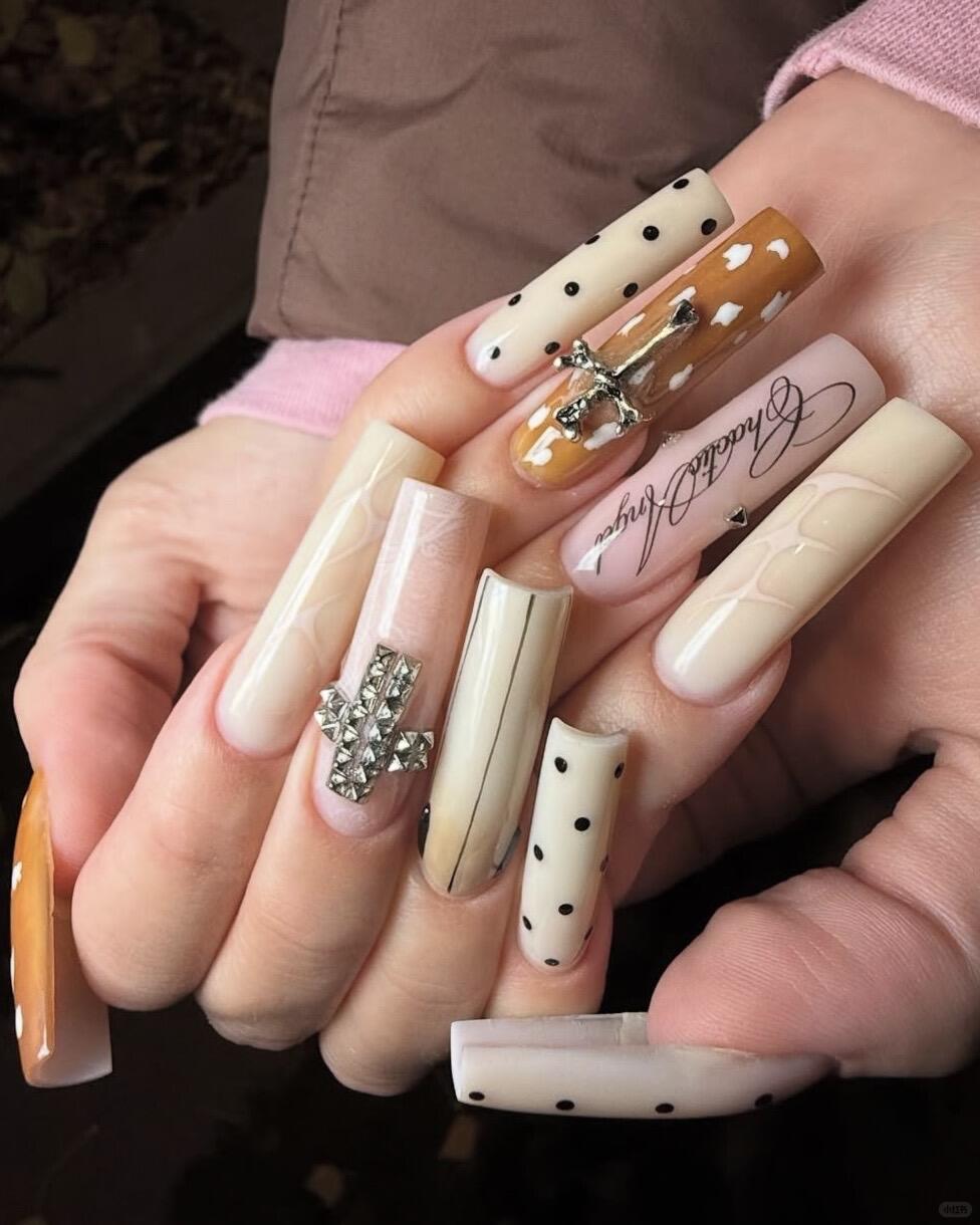 Chocolate Angel Press On Nails with Cross Stud and Polka Dot Accents