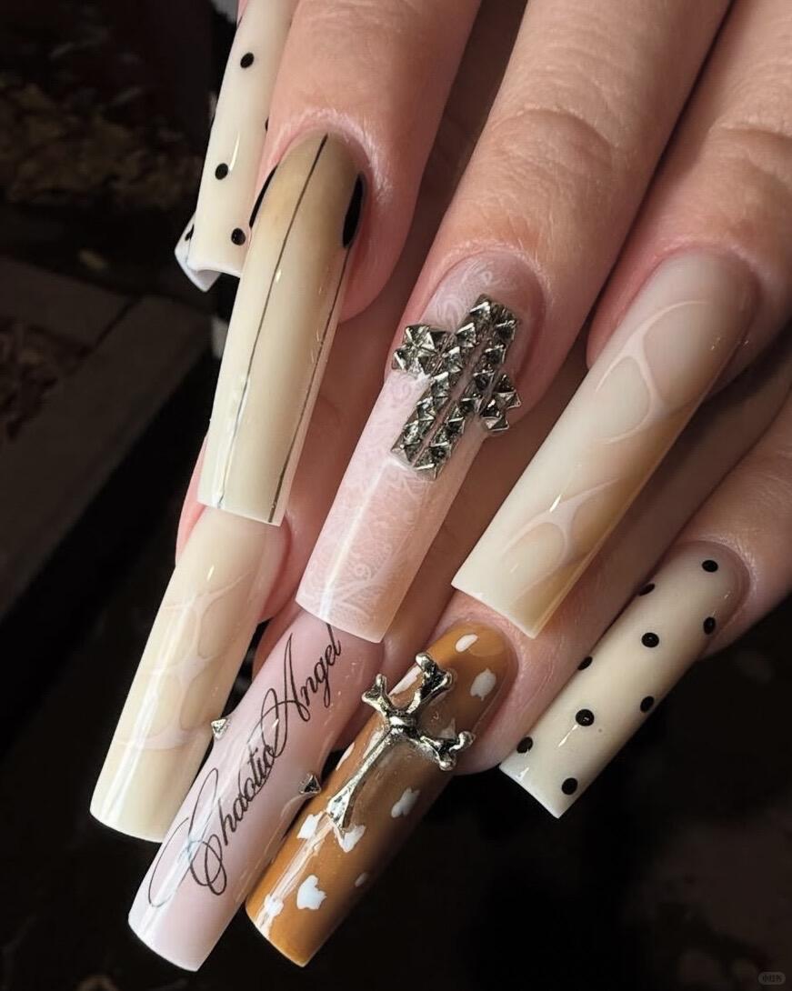 Chocolate Angel Press On Nails with Cross Stud and Polka Dot Accents
