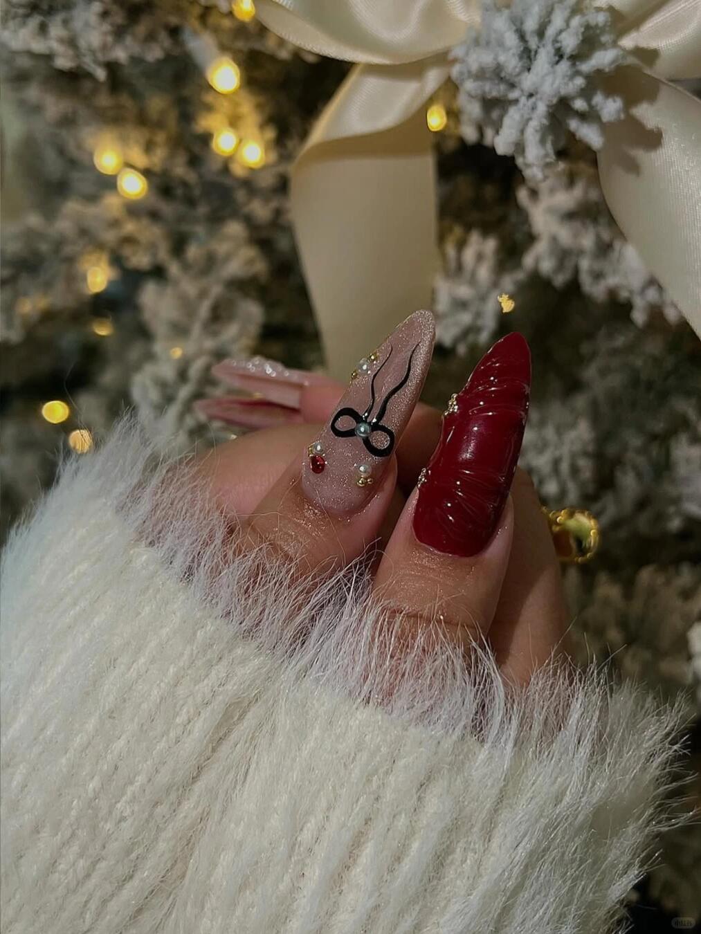 Christmas Glam Press On Nails with Pearl Accents and Script Details