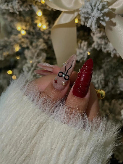 Christmas Glam Press On Nails with Pearl Accents and Script Details