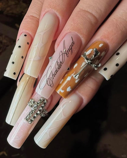 Chocolate Angel Press On Nails with Cross Stud and Polka Dot Accents