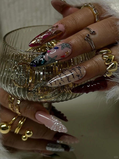 Christmas Glam Press On Nails with Pearl Accents and Script Details