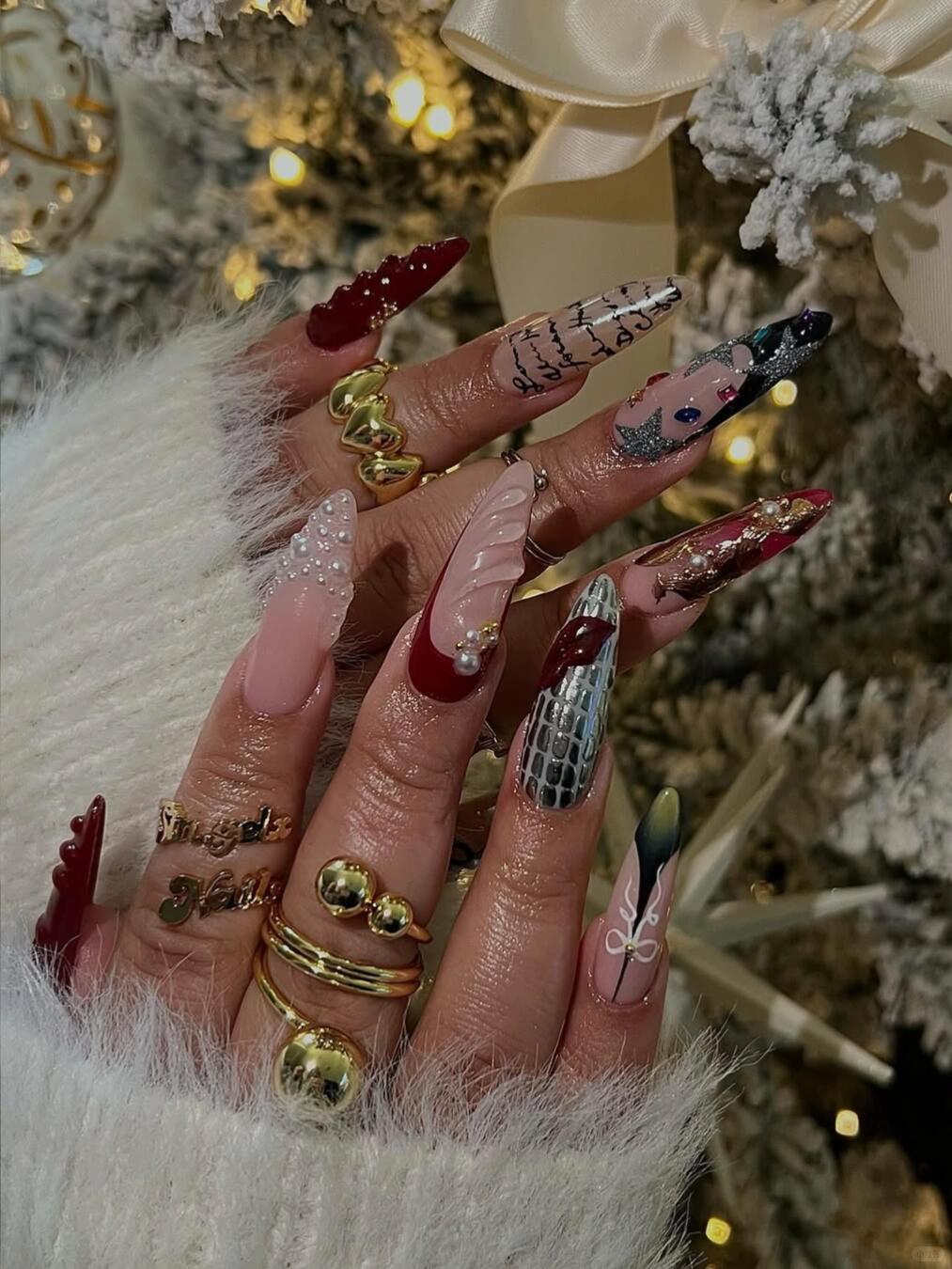Christmas Glam Press On Nails with Pearl Accents and Script Details