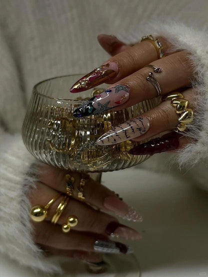 Christmas Glam Press On Nails with Pearl Accents and Script Details