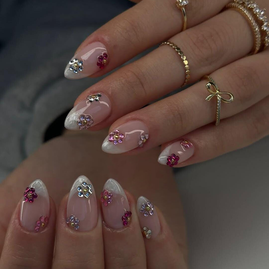 Crystal Rhinestone Floral Press On Nails