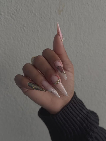 Nude Gold Marble Stiletto Press On Nail Set Elegant Minimal Luxury Design