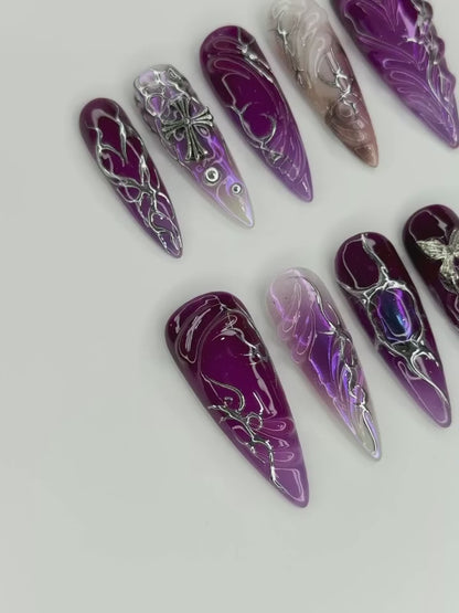 Purple Gothic Press On Nails with 3D Embellishments