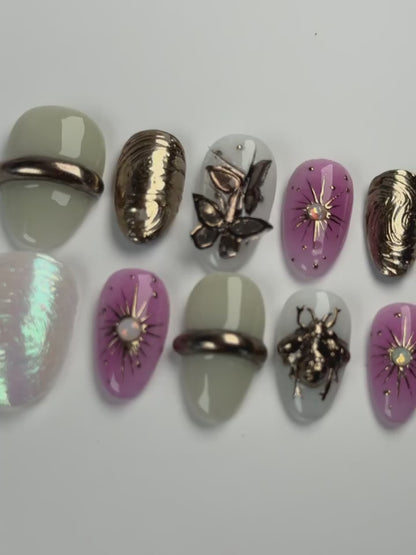 Celestial Nature Press-On Nails with Gold Beetle, Butterflies & Starburst Art