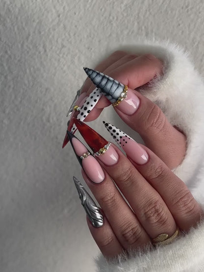Polka Dot Tortoiseshell Stiletto Press On Nail Set Black White Abstract Art