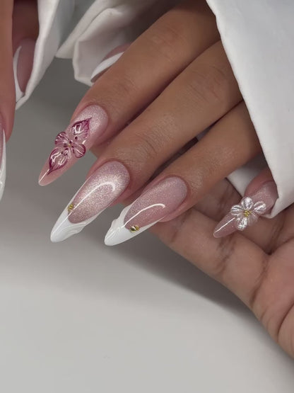 Shimmer Pink Glitter Press-On Nails with White French Tips and 3D Flowers