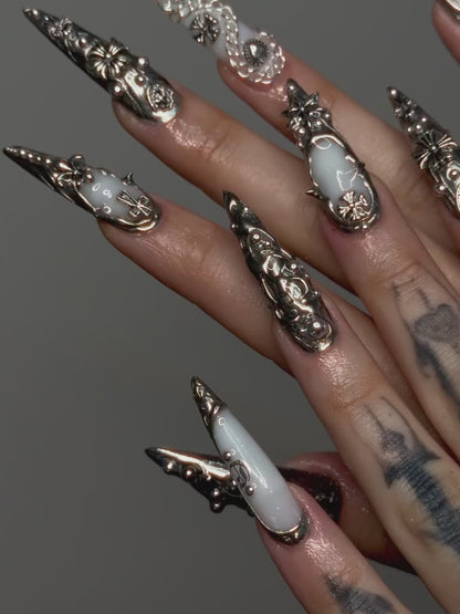 Edgy 3D Silver Gothic Stiletto Press-On Nails with Sculpted Details