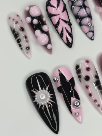 Handpainted Pink Black White Press On Nails with Star, Bow, and Bubble 3D Accents