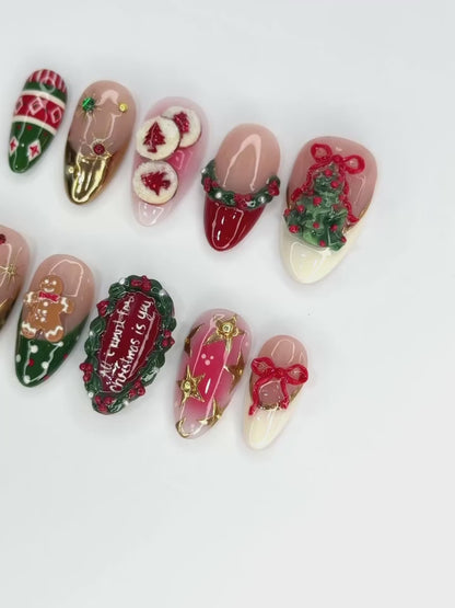 Christmas Cookie Press On Nail Set Holiday Wreath Tree Design