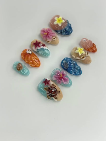 Handpainted Tropical Press On Nails with Turtle and Floral 3D Accents