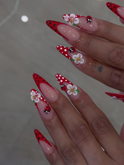 Ladybug Floral Red Stiletto Press On Nails Set