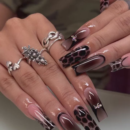 Glossy Brown Leopard Ombre Press On Nails with Nude and Black Gradient Design
