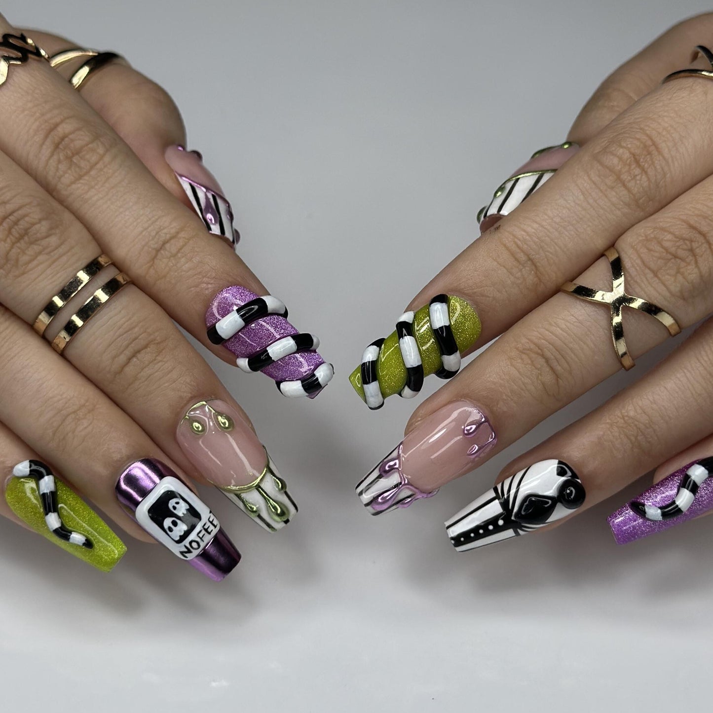 Spooky Stripes Press On Nails  - Spooky Neon Gothic Press On Nails