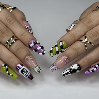 Spooky Stripes Press On Nails  - Spooky Neon Gothic Press On Nails