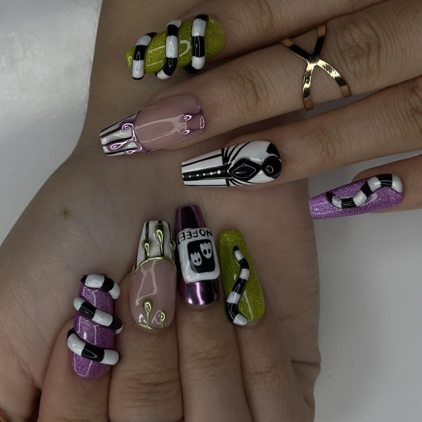 Spooky Stripes Press On Nails  - Spooky Neon Gothic Press On Nails