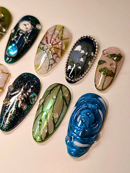 Fairy Forest Press On Nails with Magic Mushroom and Celestial Art Design