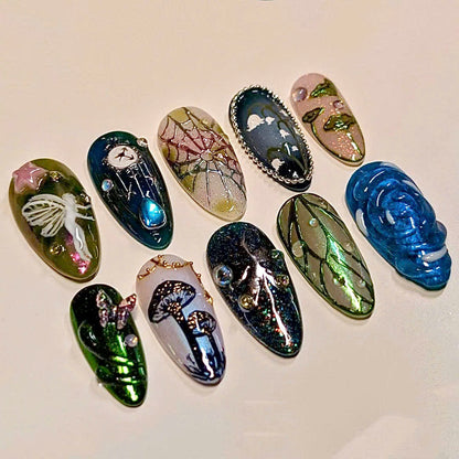 Fairy Forest Press On Nails with Magic Mushroom and Celestial Art Design