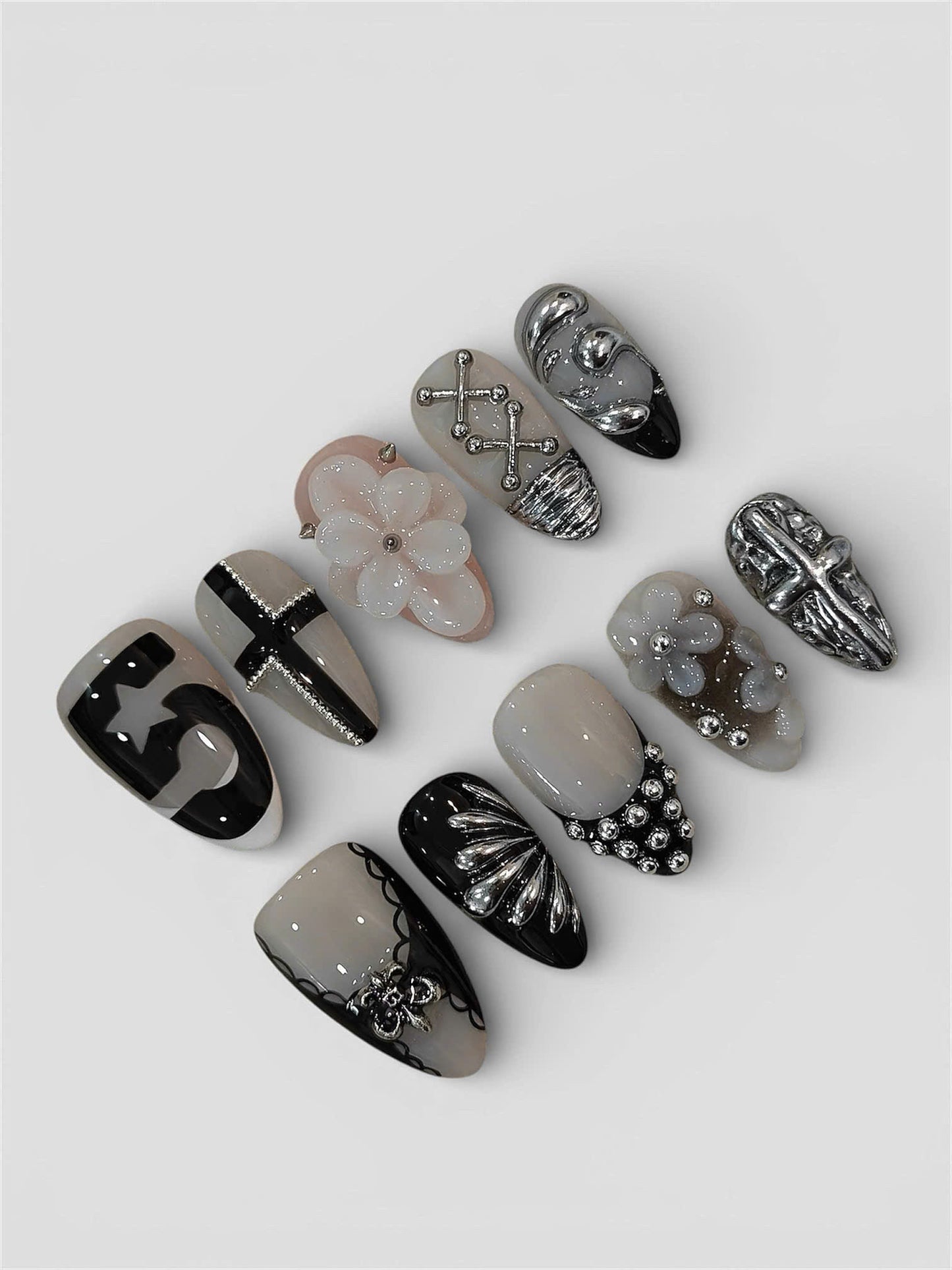 Gothic Silver Press On Nails Dark Cross Floral Art Set