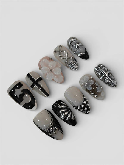 Gothic Silver Press On Nails Dark Cross Floral Art Set